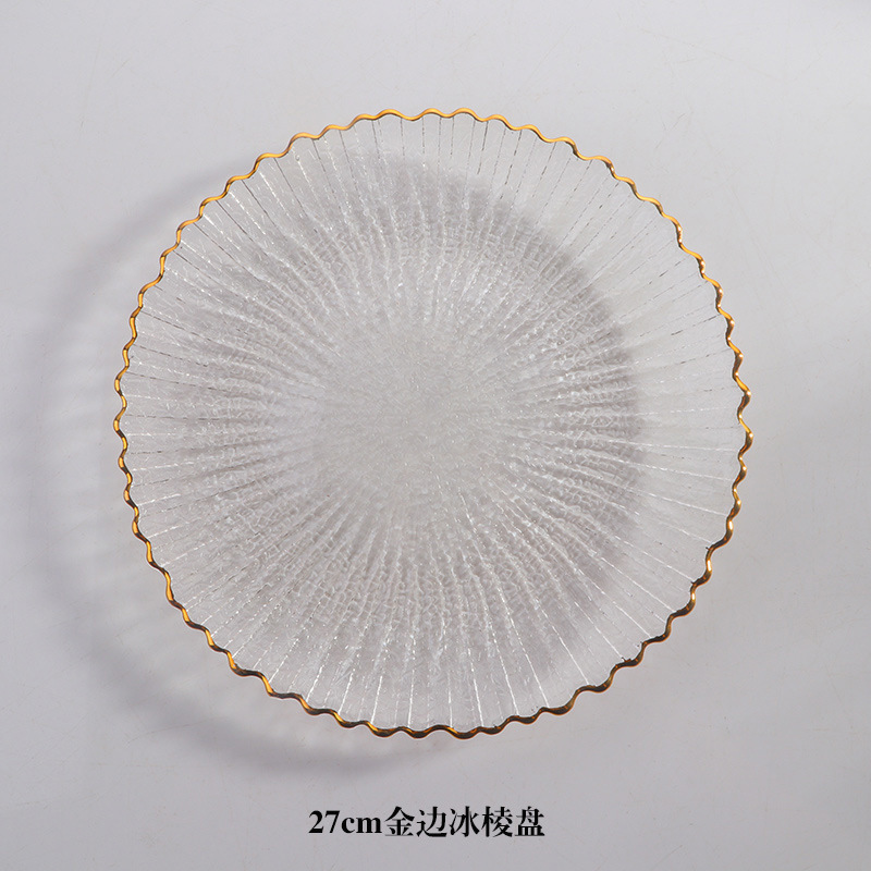 Bandeja de vidrio transparente de estilo insi, bandeja de frutas de borde de hielo, bandeja de postre de la Sala de estar doméstica, bandeja de frutas secas