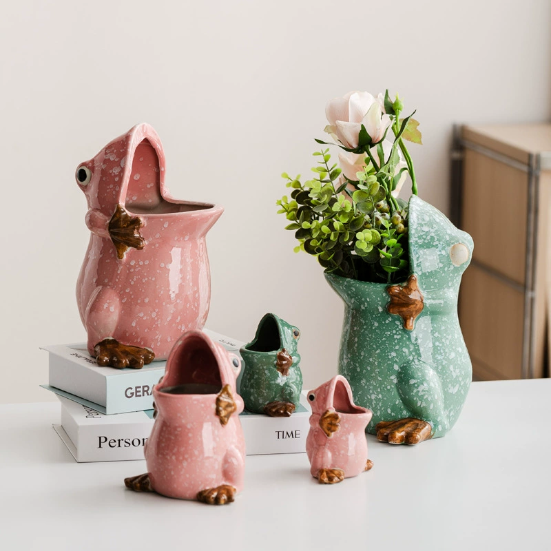 Симпатичные креативные персонализированные маленькие животные лягушка мультфильм керамический цветочный горшок украшение гостиной смешно K бронзовый зеленый европейский стиль