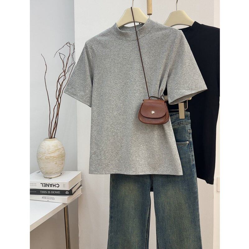 2026 New Korean Style Commuter Style Half-High Collar Pure Cotton Short-Sleeved T-Shirt for Women Loose Bottoming Shirt Top Ins