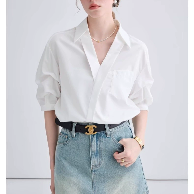Летняя рубашка для отдыха, oversize, французский стиль, V-образный вырез, с коротким рукавом