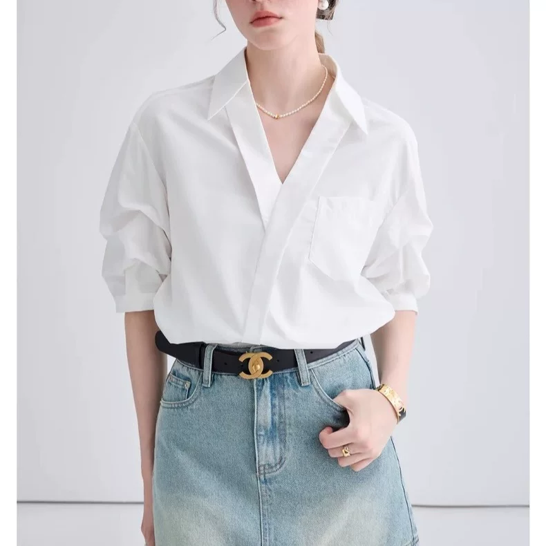 Летняя рубашка для отдыха, oversize, французский стиль, V-образный вырез, с коротким рукавом