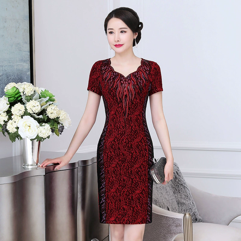 Летнее платье для женщин среднего и пожилого возраста с короткими рукавами, простое платье для мамы, темпераментное платье с вышивкой, круглый вырез, оптовая продажа от производителя