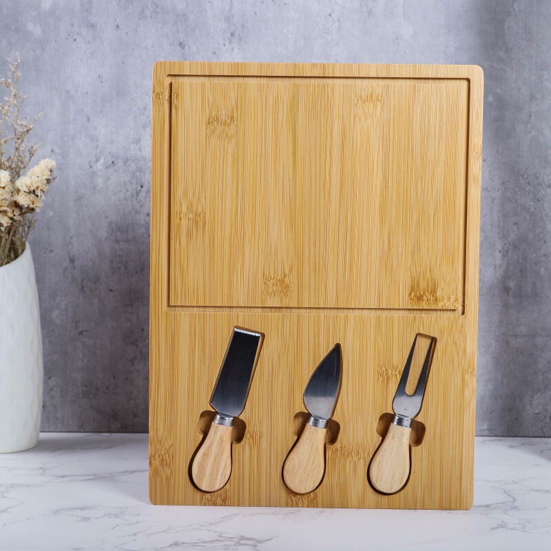 Cross-Border Hot-Selling Bamboo Cheese Board Set with Knife, Cheese Plate, Platter Tray, Suitable for Cross-Border New Models