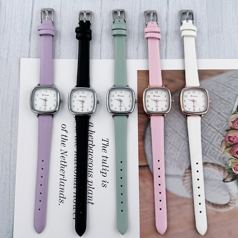 Korean Style College Wind Leather Strap Watch Women's Small Square Candy Exam High School Middle School Student Versatile High-Value Quartz Watch