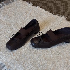 羊皮版~复古真皮小众新款蝴蝶结芭蕾鞋女一字带方头浅口低跟单鞋