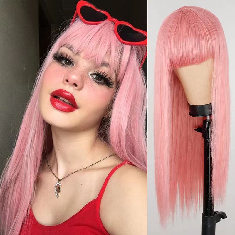 外国貿易ウィッグロングストレートヘアヨーロッパとアメリカの売れ筋人工毛ウィッグセットピンク前髪付きマルチカラーオプション在庫卸売|undefined