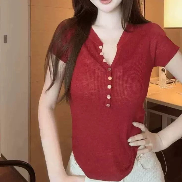 韩系V领正肩短袖T恤女2025新款夏季修身显瘦时尚气质短款辣妹上衣