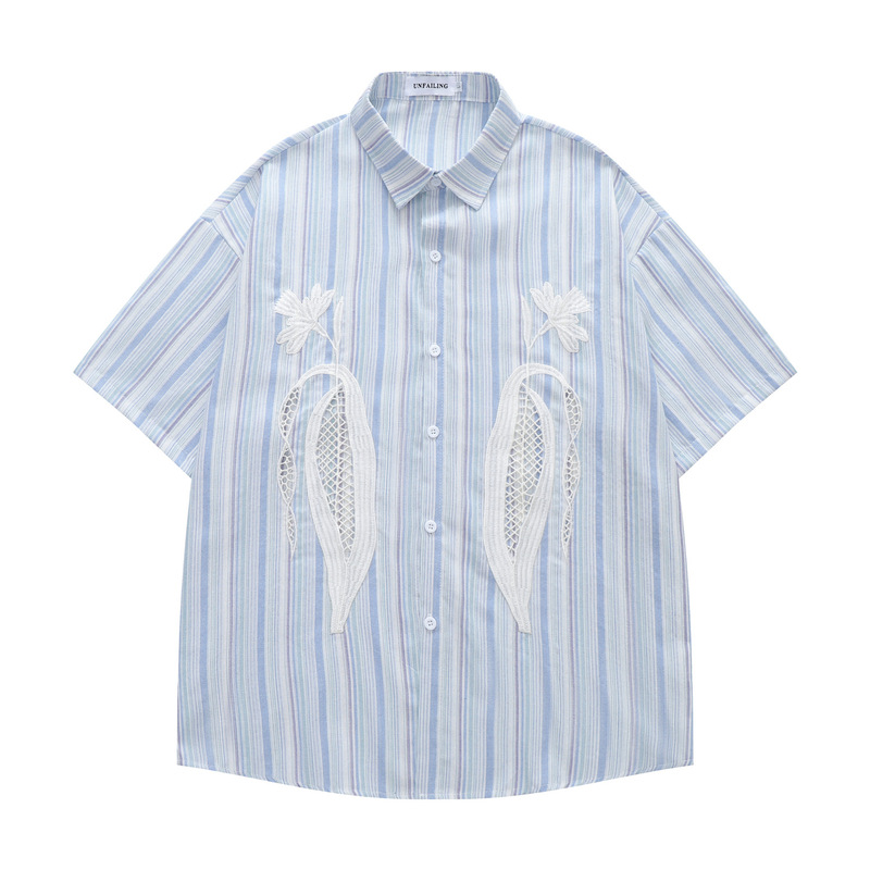 Japanese-Style Fresh Design Embroidered Hollow Striped Short-Sleeve Shirt for Men and Women, Summer Loose Casual Versatile Shirt Japanese-Style Fresh Design Embroidered Hollow Striped Short-Sleeve Shirt for Men and Women, Summer Loose Casual Versatile Shirt