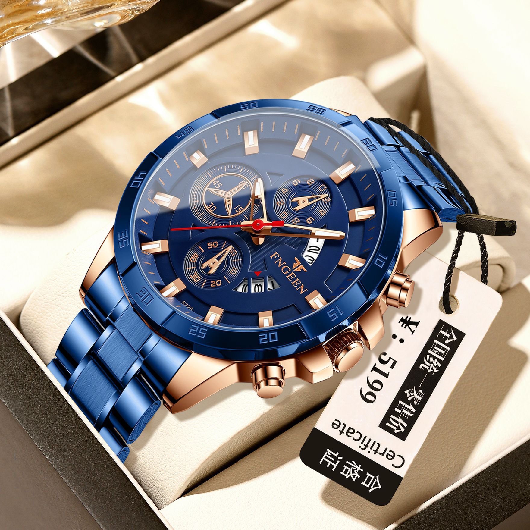 Fngeen/Fenzun Business Men's Watch Multi-Functional Precision Steel Band Blue Sports Non-Mechanical Cross-Border Hot Model