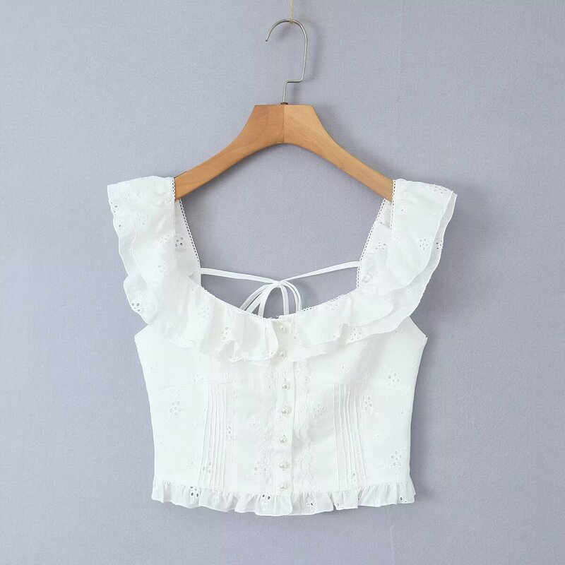 1258-25 Early Spring New American Pure Desire Spice Girl Lace Hollow Small Flying Sleeve Pearl Buckle Casual Small Shirt