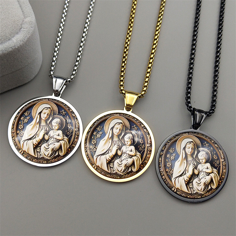 Cross-Border Foreign Trade Fashionable and Exquisite Elegant Maria Glass Pendant Necklace Retro Stainless Steel Men's Jewelry