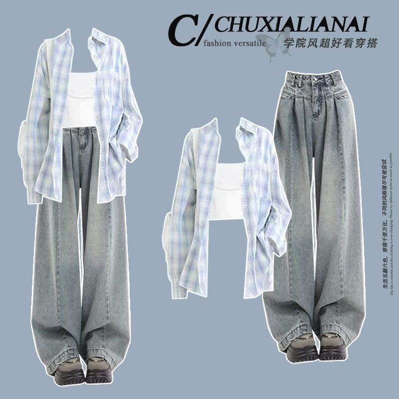 Fashionable Outfit # Casual Loose-Fitting Korean-Style Blue Plaid Sun-Protective Shirt Paired with Vintage Blue Versatile Jeans. Fashionable Outfit # Casual Loose-Fitting Korean-Style Blue Plaid Sun-Protective Shirt Paired with Vintage Blue Versatile Jeans.