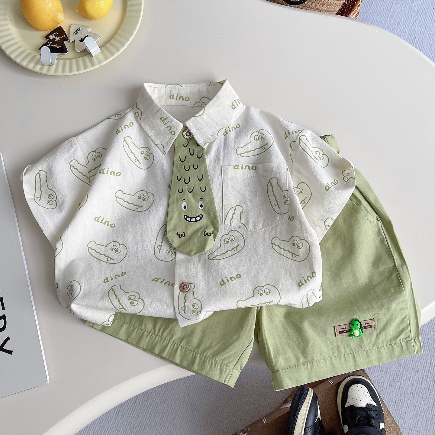 Boys' New Summer Korean-Style Short-Sleeved Shirt Set, Baby Cartoon Stylish Thin Fresh Lapel Two-Piece Set