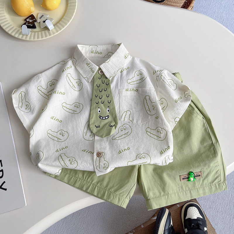 Boys' New Summer Korean-Style Short-Sleeved Shirt Set, Baby Cartoon Stylish Thin Fresh Lapel Two-Piece Set Boys' New Summer Korean-Style Short-Sleeved Shirt Set, Baby Cartoon Stylish Thin Fresh Lapel Two-Piece Set