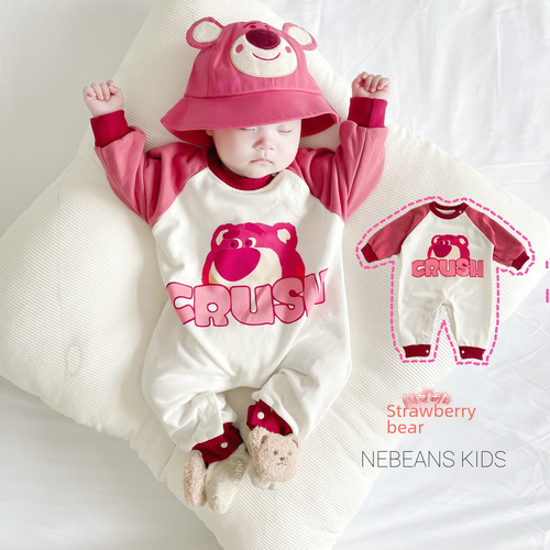 0-2 years cute cartoon red raspberry bear one-piece outfit trendy for boys and girls long-sleeved long pants cotton onesie crawl suit