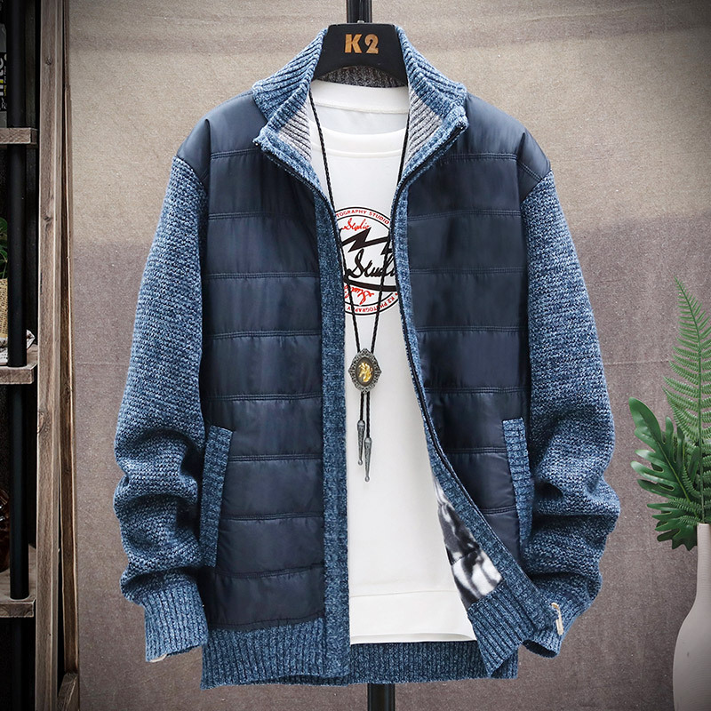 New patchwork men's stand-up collar cardigan slim jacket velvet thickened sweater large size sweater jacket for men_voghion.com