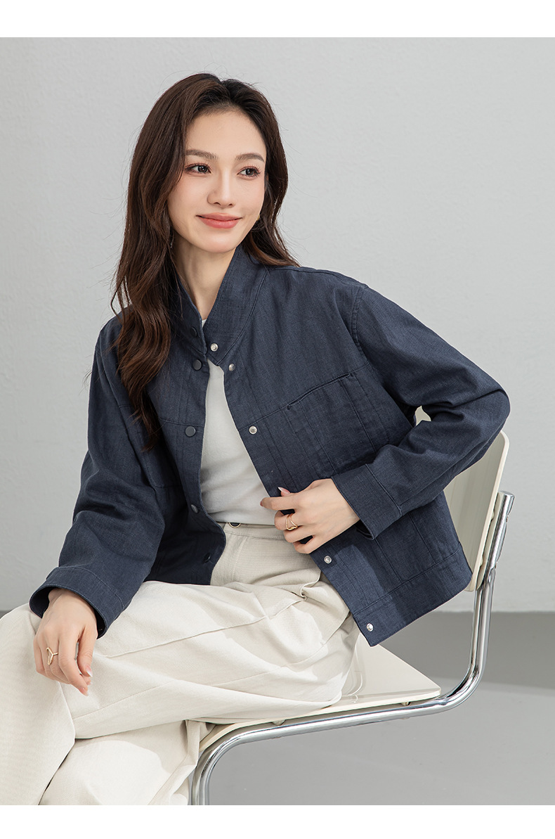 Áo khoác nữ dáng dài cổ đứng tay dài phong cách Hàn Quốc chất liệu ramie cotton thoáng mát — Xám xanh chi tiết 15