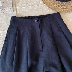 チャオ火オススメ! びっくりしました紺色の綿麻の後に腰のズボンの女性の夏の亜麻のズボンを緩めます。