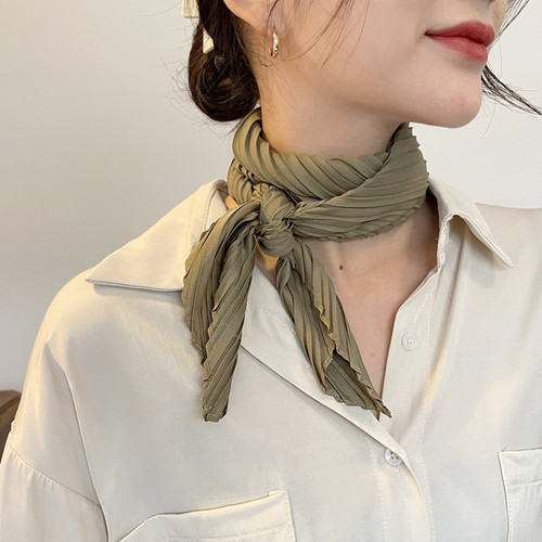 Korean Dongdaemun Folded Solid Color Hair Tie Spring and Summer Thin Long Silk Scarf Artistic Style Girl Solid Color Headscarf