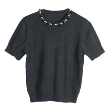 法式圆领针织衫女短款纯色钉珠VA华伦家24早秋新款短袖针织打底衫