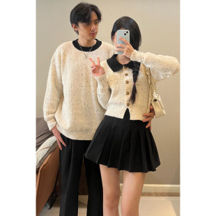 Real Couple Dress French Xuejie Xiaofeng Collar Sweater Temperament Short Knitted Cardigan Men's Cross-border Hair