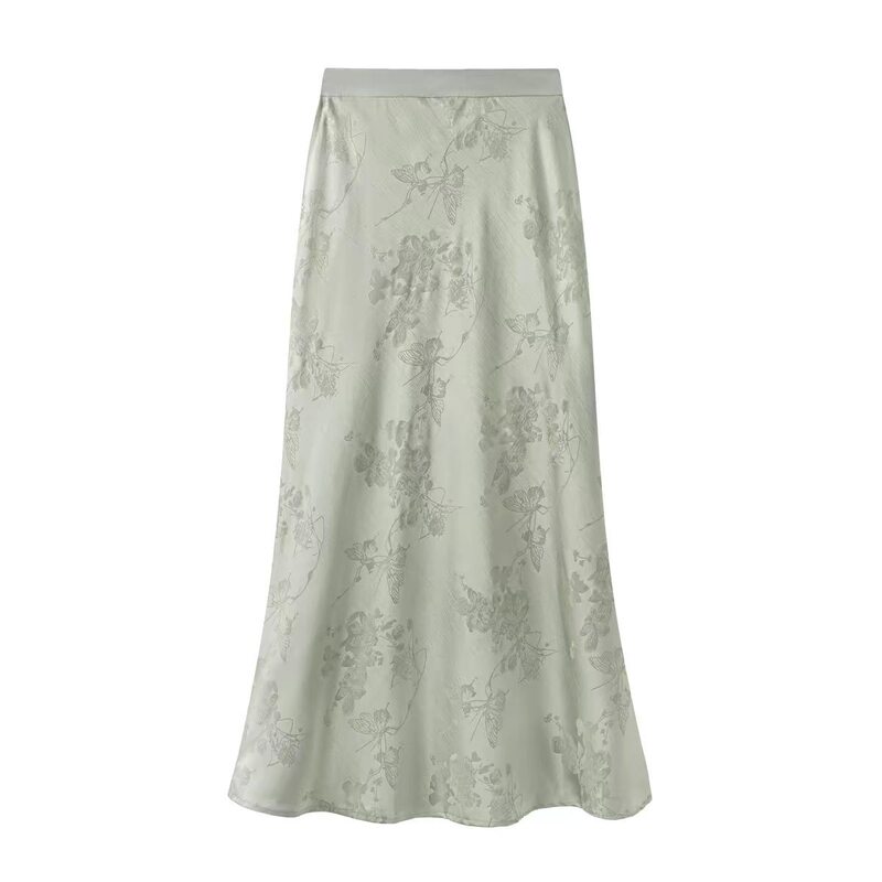 Aige New Chinese Style Mulberry Silk Jacquard Skirt for Women 2026 New Green Satin Mid-Length Silk Fishtail Skirt
