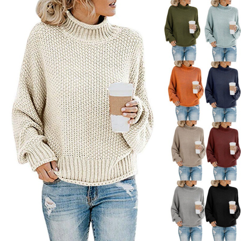 2026 New European and American Women's High-Neck Sweater, Autumn and Winter Knitwear, Loose Solid Color Plus Size Ol Commuter Cross-Border