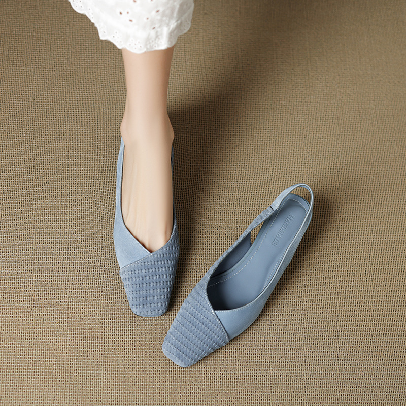 Elegant Sky Blue Closed-Toe Sandals for Women, New Summer Style with a Small Chanel-Inspired Square Toe, Suede, Chunky Mid-Heel, and Open-Back High Heels