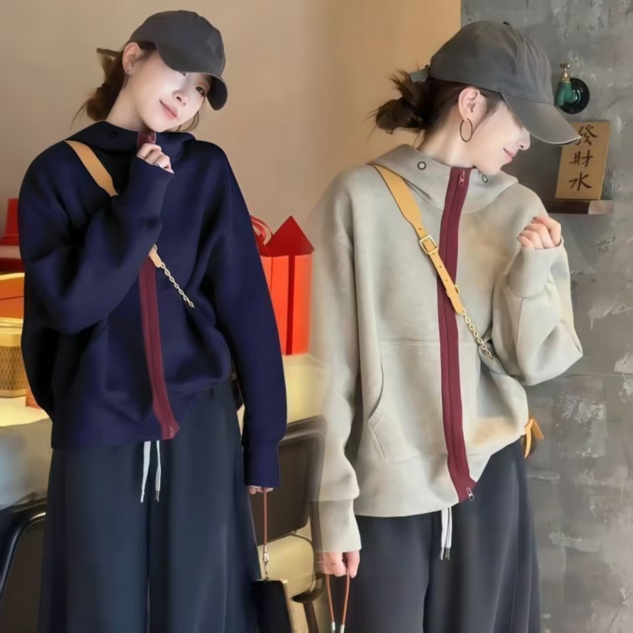 韩系撞色连帽加绒卫衣女2026秋季新款高级感宽松百搭拉链开衫上衣