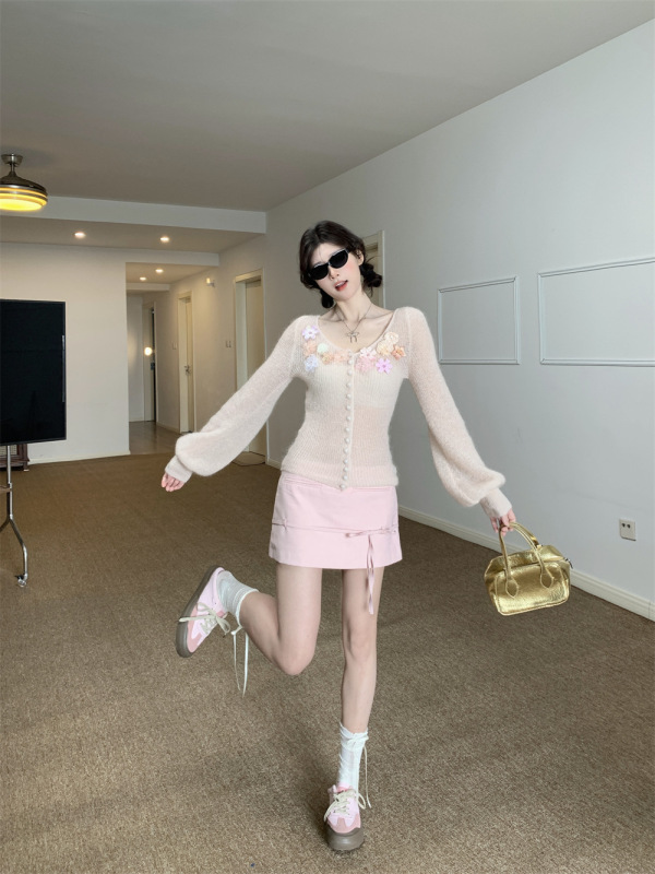 法式甜美立体花粉色针织开衫女早春设计感马海毛气质修身显瘦上衣|undefined