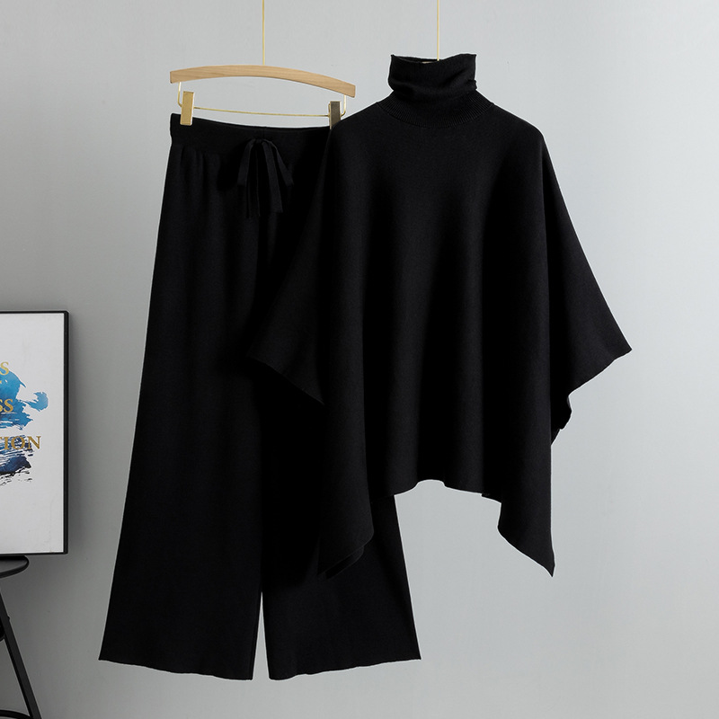 Women's Clothing autumn and winter new two piece suit for women with high collar cape, knitted sweater, wide leg pants, temperament suit_voghion.com