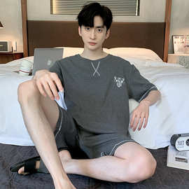 睡衣男士夏季纯棉短袖短裤家居服青少年夏天薄款100%棉可外穿套装