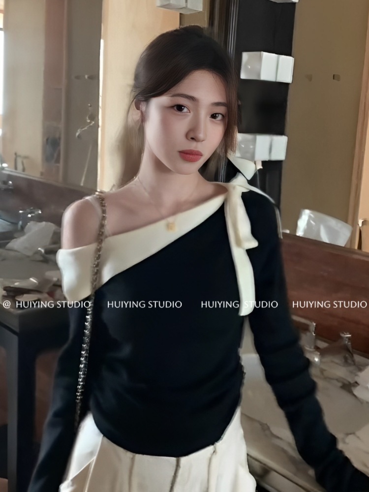 6185 # フランス式の美しい黒の肩の露肩のニットの上着の女性の秋の新型のインナーシャツの大衆