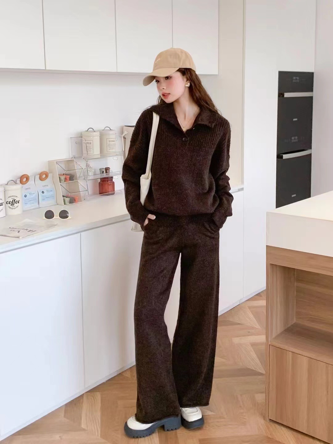 Herbst und Winter neuer Anzug lässiger Pullover Polokragen Strickpullover weite Beinhose zweiteiliges Set für Damen_voghion.com