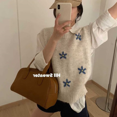 韩系甜美手工立体刺绣小花针织马甲上衣女秋冬款百搭圆领毛衣背心