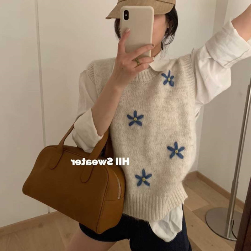 韩系甜美手工立体刺绣小花针织马甲上衣女秋冬款百搭圆领毛衣背心|undefined