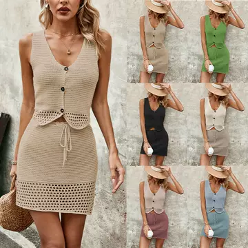 2025 Spring/Summer Cross border Amazon New European and American V-neck Tank Top Half Skirt Fashion Solid Color Set Women's Knitted