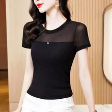 时尚网纱拼接短袖T恤女夏季修身显瘦圆领上衣薄款黑色性感打底衫