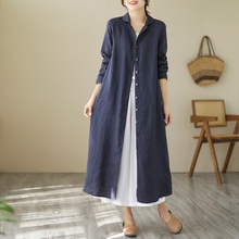 日韩外贸大牌尾货清仓女森系文艺亚麻衬衫长裙休闲棉麻长袖连衣裙