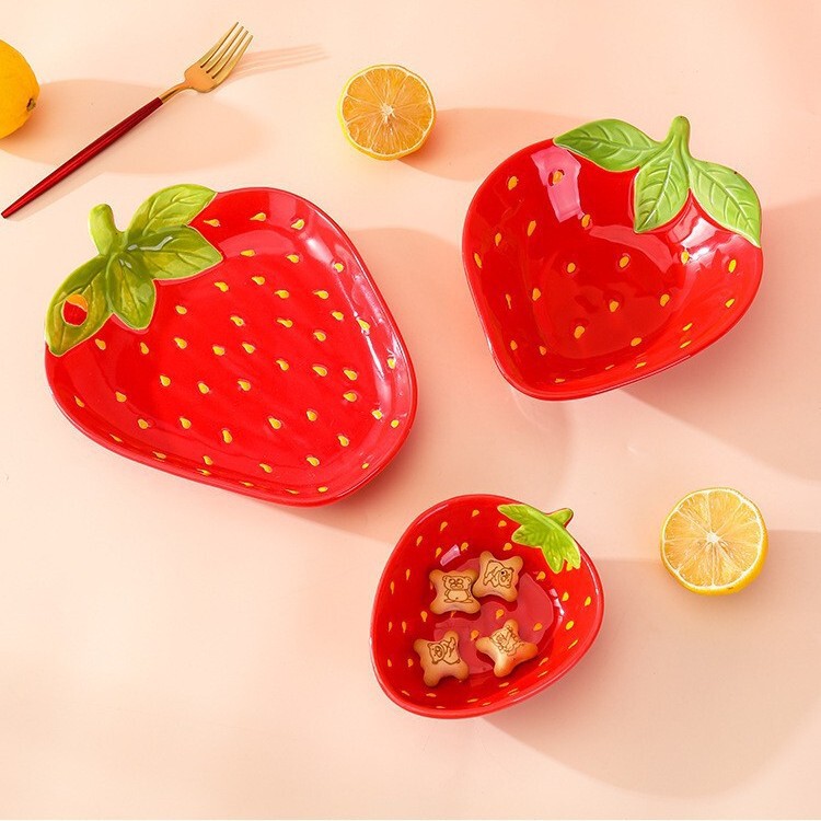 Strawberry-Shaped Tableware Set for Home Use, Including Plates, Bowls, Salad Bowls, Dessert Bowls, Snack Plates, Wholesale, Ins-Style Cute