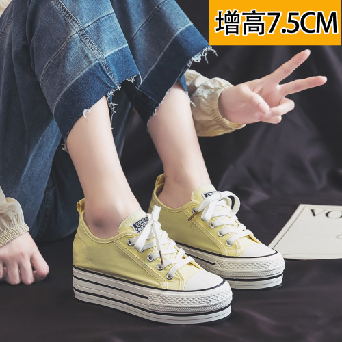 2025 Fashion Inner Heel Lift 7.5CM Slimming Elegant Casual White Canvas Shoes for Women College Style Ins Trend