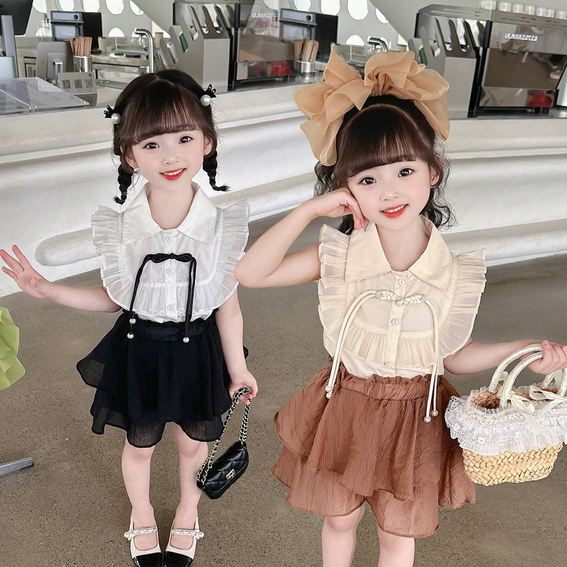Костюм для девочек, новый стиль 2025 года, модные топы с короткими рукавами для маленьких и больших детей, новая плиссированная юбка в китайском стиле, комплект из двух предметов