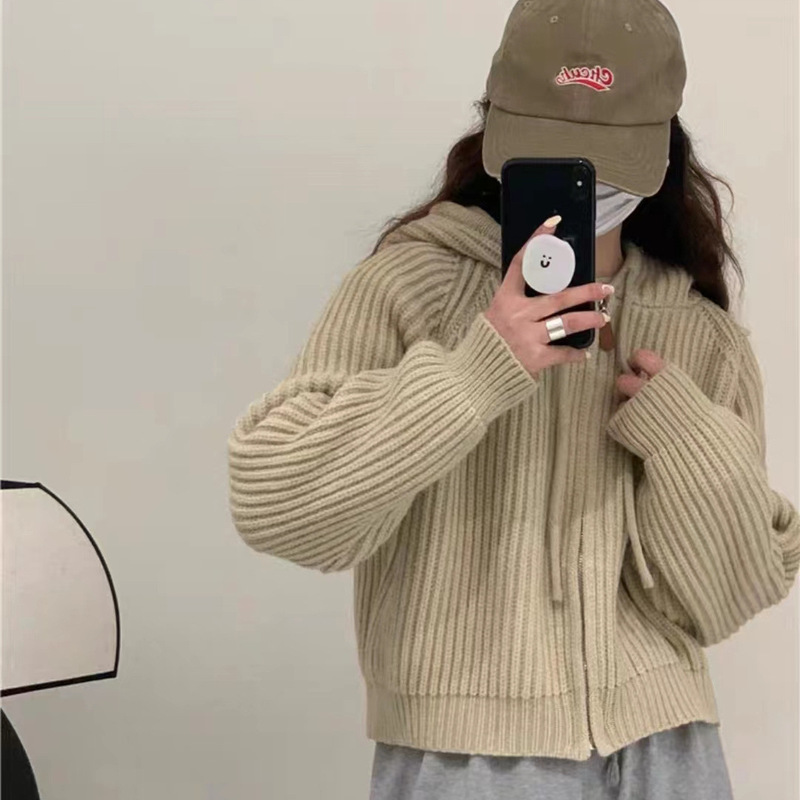 Short 2023 Korean Style Height-Enhancing Hooded Thick Soft Sweater Jacket for Women, Chunky Knit Ribbed Solid Color Zipper