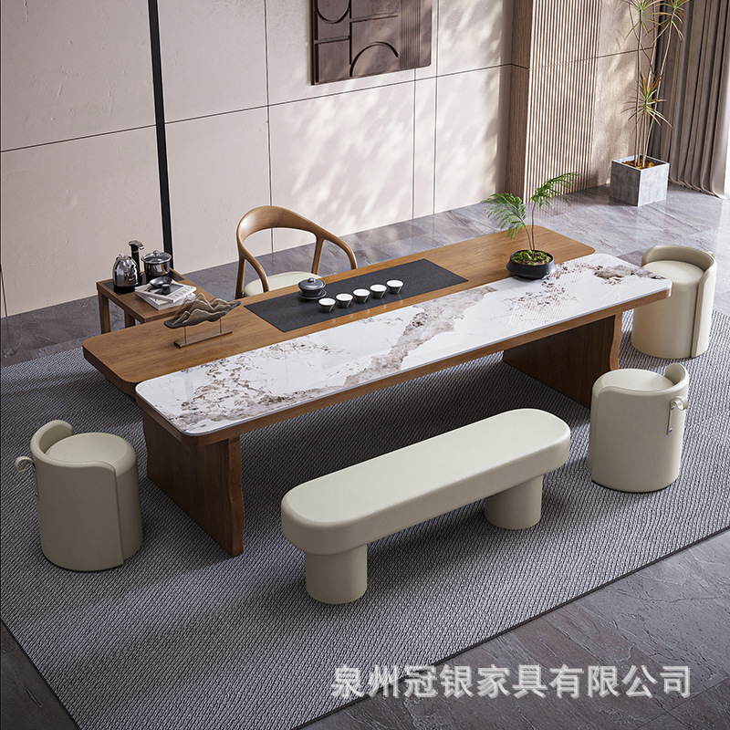 新中式实木大板泡茶桌椅组合现代简约家用岩板茶台办公室接待茶几|undefined