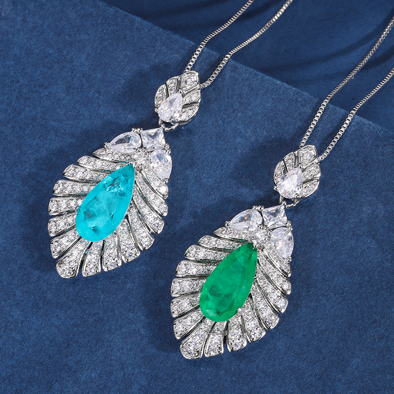 Zhuang Sheng joyas de cobre inferior chapado en oro de la vendimia artificial Esmeralda palaiba hoja colgante collar piedra principal 8*16