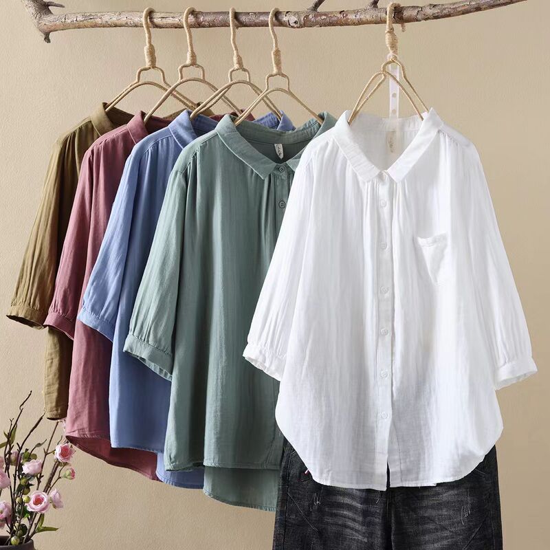 2026 New Summer Style Loose Shirt, Stylish Large Size Slimming Summer Casual Artistic Solid Color Short-Sleeved Shirt for Women