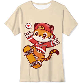 跨境亚马逊热款夏季欧美 3D数码印花卡通可爱老虎童装休闲短袖T恤