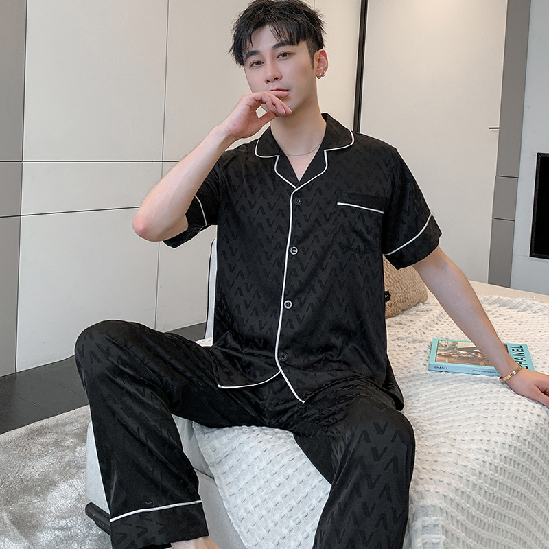 V 자카드 반팔 팬츠 블랙