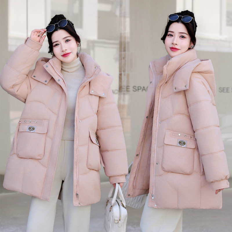 2024 invierno estilo coreano encapuchado vestido de pan de tamaño grande abrigo de algodón de pluma grueso mujer estilo largo exterior abrigo de algodón suelto image 1