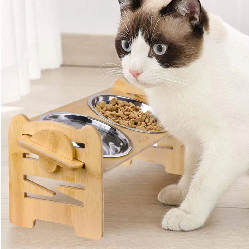 Gato creativo de madera tazón mesa de comedor estante de bambú para mascotas tazón estante de acero inoxidable perro tazón madera mascota gato alimentación rack